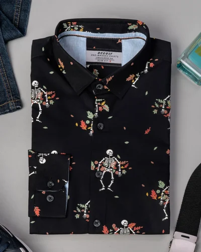 Cotton slim fit woven printed shirt | Coal Black
