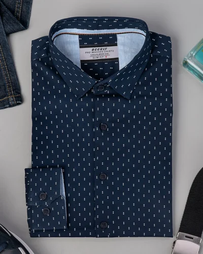 Cotton slim fit woven printed shirt | Blue Moon