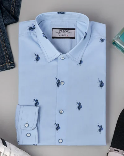Cotton slim fit woven printed shirt |  Sky Blue