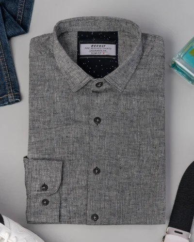 Cotton slim fit woven printed shirt | Ash Black