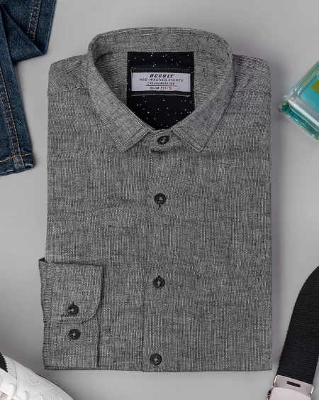 Cotton slim fit woven printed shirt | Ash Black