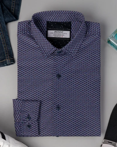 Cotton slim fit woven printed shirt | Gulf Blue