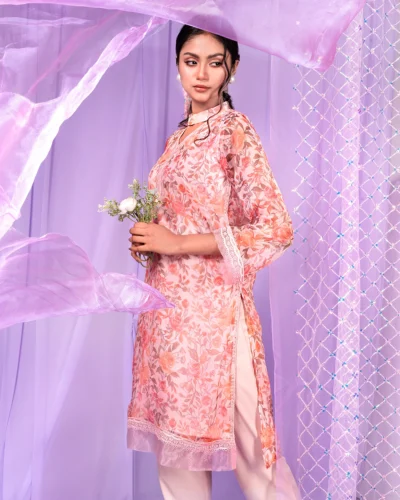 Female Band collar With Lace Details Long Kameez | Baby Pink