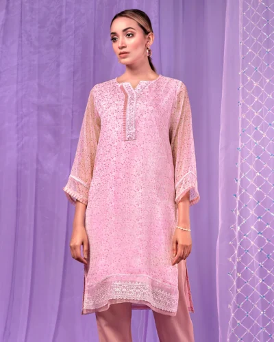 Female Round- Neck With Ruffle & Lace Details Short Kameez | Pale Pink