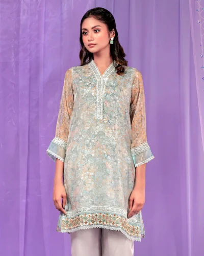 Female V- Neck With placket Lace Details Short Kameez | Light Sky Blue