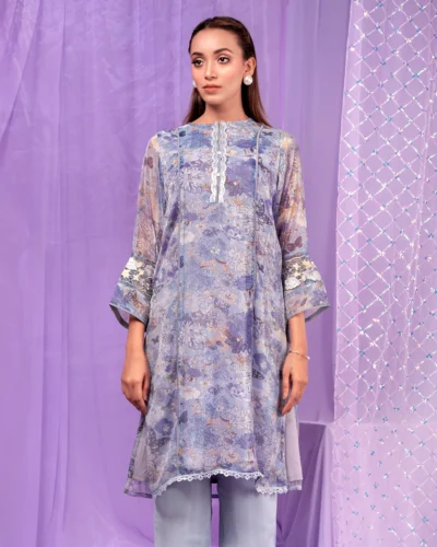 Female Round Neck With Lace Details Short Kameez | Periwinkle
