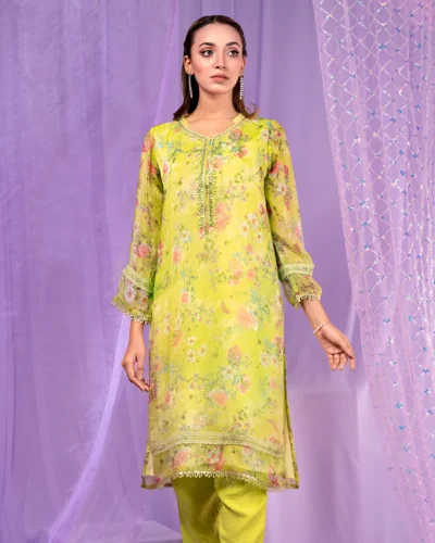 Female Half Band Ruffle Collar- Neck With Lace Details Long Kameez | Yellow