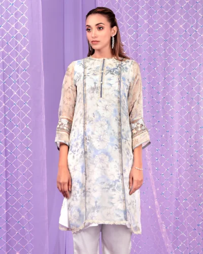 Female Round Neck With Lace Details Short Kameez | Cream