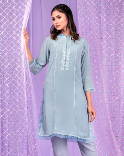 Female Front Yoke Join Lace Details Long Kameez | Powder Blue