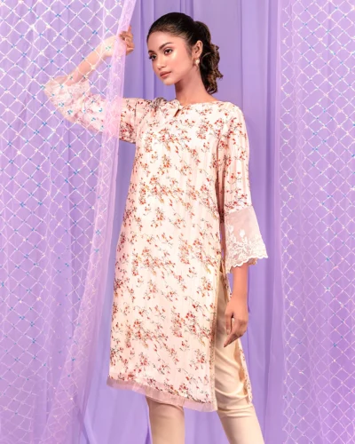 Female Curve V-Gathered Slit- Neck Details Long Kameez | Peach Dust