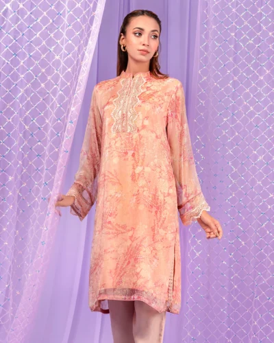 Female Band collar- Neck With placket Lace Details Long Kameez | Peach Dust