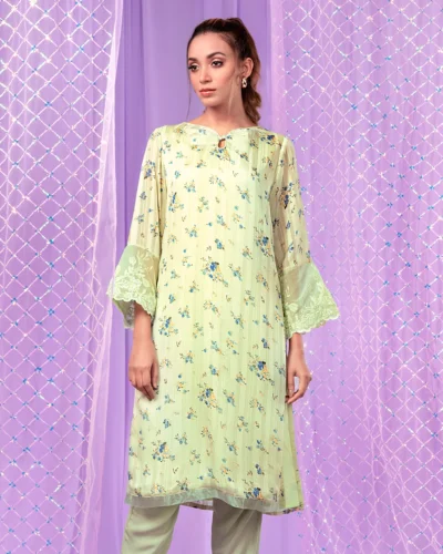Female Curve V-Gathered Slit- Neck Details Long Kameez | Lime Cream Green