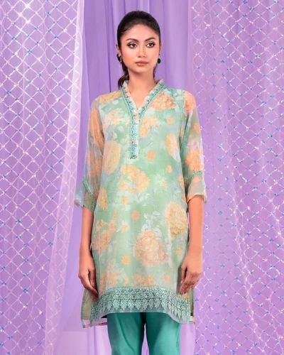 Female V- Neck With Lace Details Short Kameez | Ocean Green