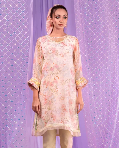 Female Round- Neck With Lace Details Short Kameez | Biscuit