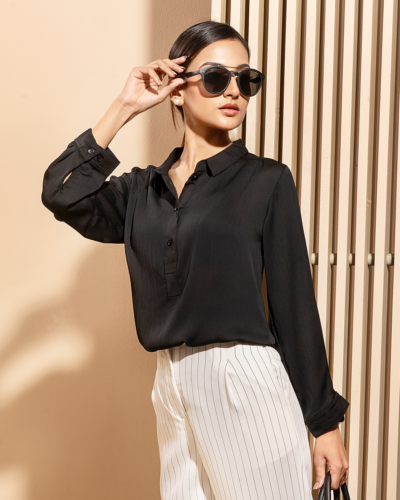 Female Short Side Slit Casual Top | Black