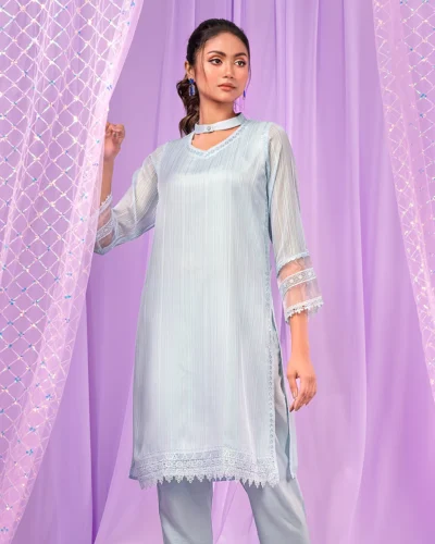 Female Band Collar With Functional Button Long Kameez | Light Sky