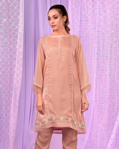 Female Round- Neck With placket Lace Details Short Kameez | Pink Icing