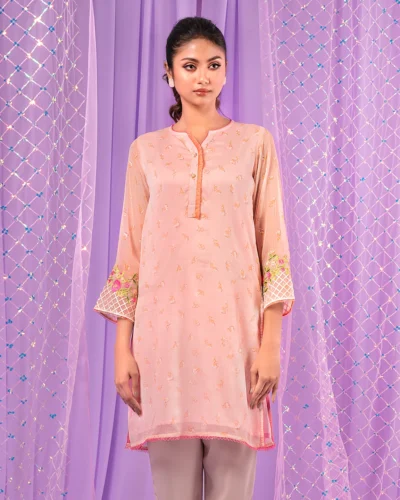 Female Round Neck With Sleeve Hemline Embroidery Work Short Kameez | Rose Water Pink