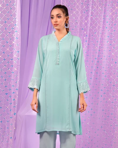 Female V-Ruffled Neck With Lace Details Short Kameez | Light Sky