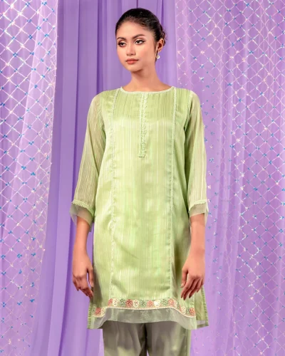Female Round- Neck With placket Lace Details Short Kameez | Pastel Green
