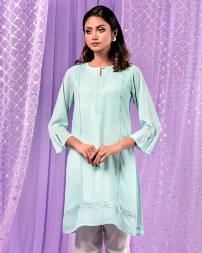 Female Round- Neck With Loop Button &  Lace Details Short Kameez | Light Sky Blue