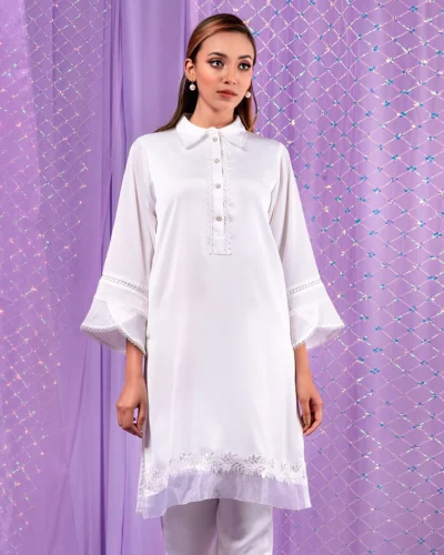 Female Shirt Collar With Button Placket Short Kameez | White