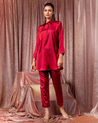 Female Shirt Collar With contrast piping Co-Ord Set | Burgundy Red