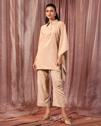 Female Shirt Collar & Wide Hem Bottom Fusion Co-ord Set | Beige