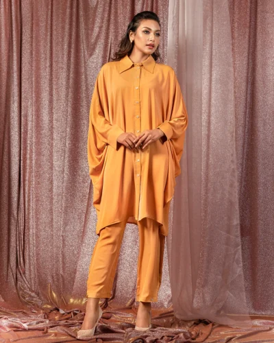 Female Shirt Collar With Inside Contrast Details Luxury Georgette Co-Ord Set | Mustard Yellow