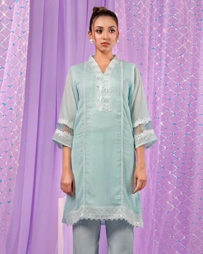 Female Lace Details Short Kameez | Light Sky Blue