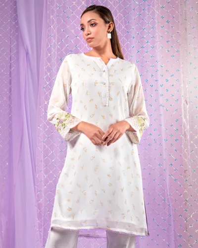 Female Round Neck With Sleeve Hemline Embroidery Work Short Kameez | White Print