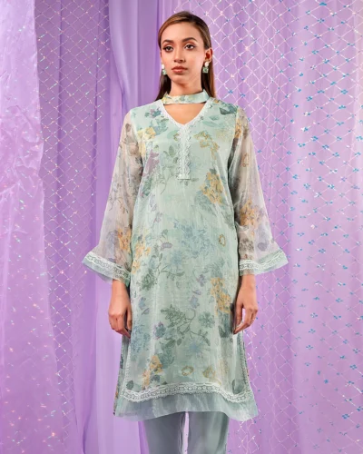 Female Band collar With Lace Details Long Kameez | Mint