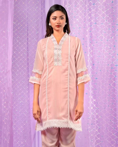Female Lace Details Short Kameez | Crepe Pink