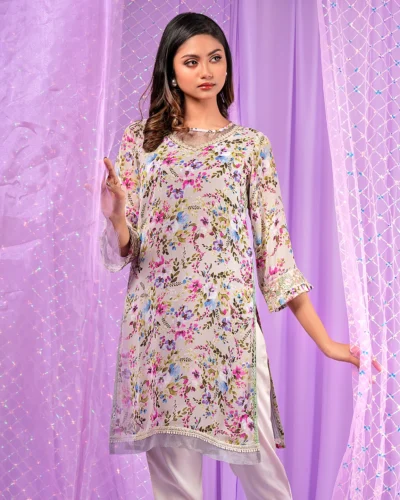 Female Round- Neck With Lace Details Short Kameez | Ash