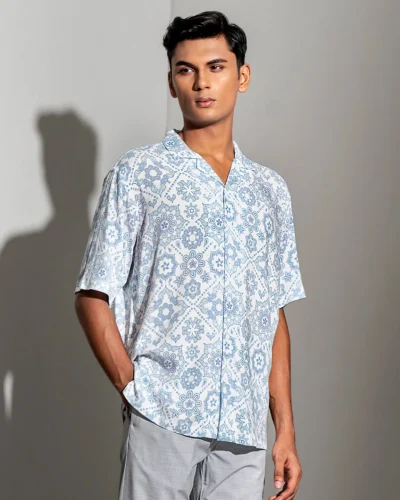 Viscose regular fit woven cuban collar shirt | White Blue