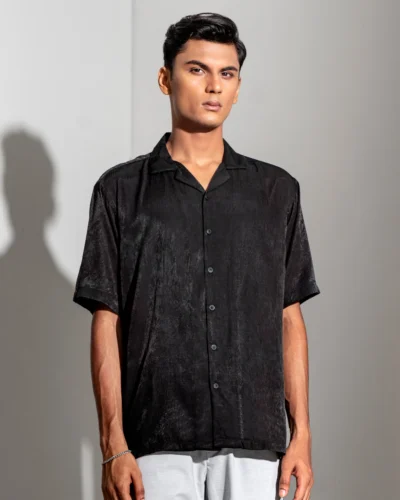 Viscose cotton regular fit woven cuban collar shirt | Black