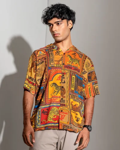 Viscose regular fit woven cuban collar shirt | Mustard Gold