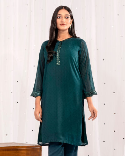 Female Round- Neck Details Short Kameez |  Deep Sea Green