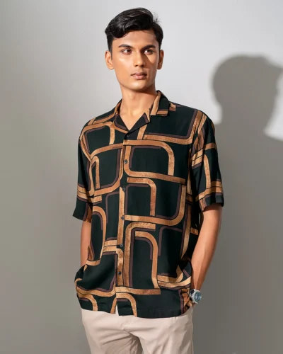 Viscose Cotton regular fit woven cuban collar shirt | Black