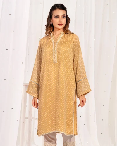 Female V- Neck Details Luxury Printed Georgette Short Kameez | Golden Fleece