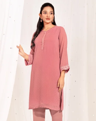 Female Round-Neck Details Short Kameez | Pink Icing