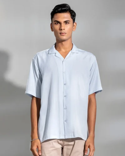 Viscose cotton regular fit woven cuban collar shirt | Sky Blue