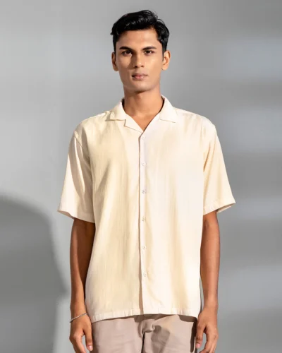 Viscose cotton regular fit woven cuban collar shirt | Cream