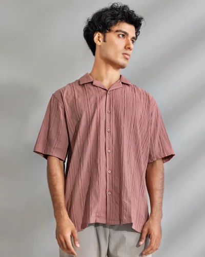 Viscose cotton regular fit woven cuban collar shirt | Walnut Brown