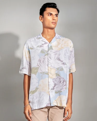 Viscose cotton regular fit woven cuban collar shirt | Peach