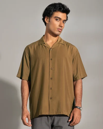 Viscose cotton regular fit woven cuban collar shirt | Walnut Brown