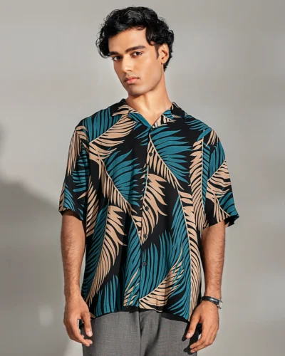 Viscose regular fit woven cuban collar shirt | Teal