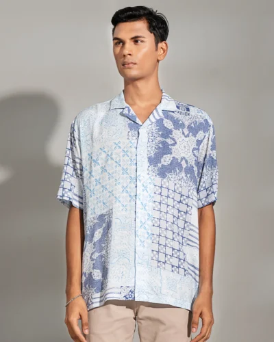 Viscose Cotton regular fit woven cuban collar shirt | White Blue