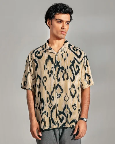 Viscose cotton regular fit woven cuban collar shirt | Khaki