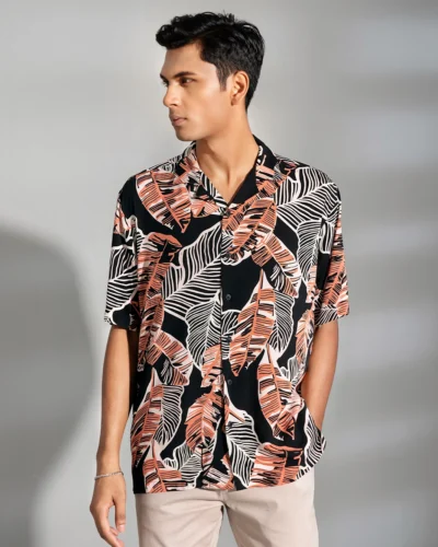 Viscose cotton regular fit woven cuban collar shirt | Black